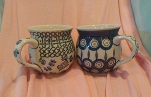 2-Boleslawiec Poland Pottery Bubble Mugs Blue 1-Peacock + 1-Weave Butterfly Rose