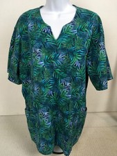Barco Scrub Women Top Size XL Black w Blue Green Leaves Pockets Short Sleeves