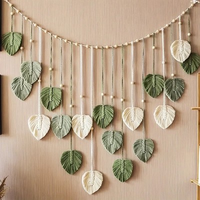 Boho Woven Wall Hanging Green Leaf Macramé Art for Bedroom & Living Room Décor