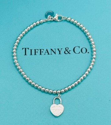 Tiffany & Co. 925 Silver Mini Bead RTT Heart Lock 6.75” Bracelet