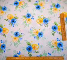 Quilt Fabric By The Yard Blue Yellow Roses Green Leaves on White Premium Cotton