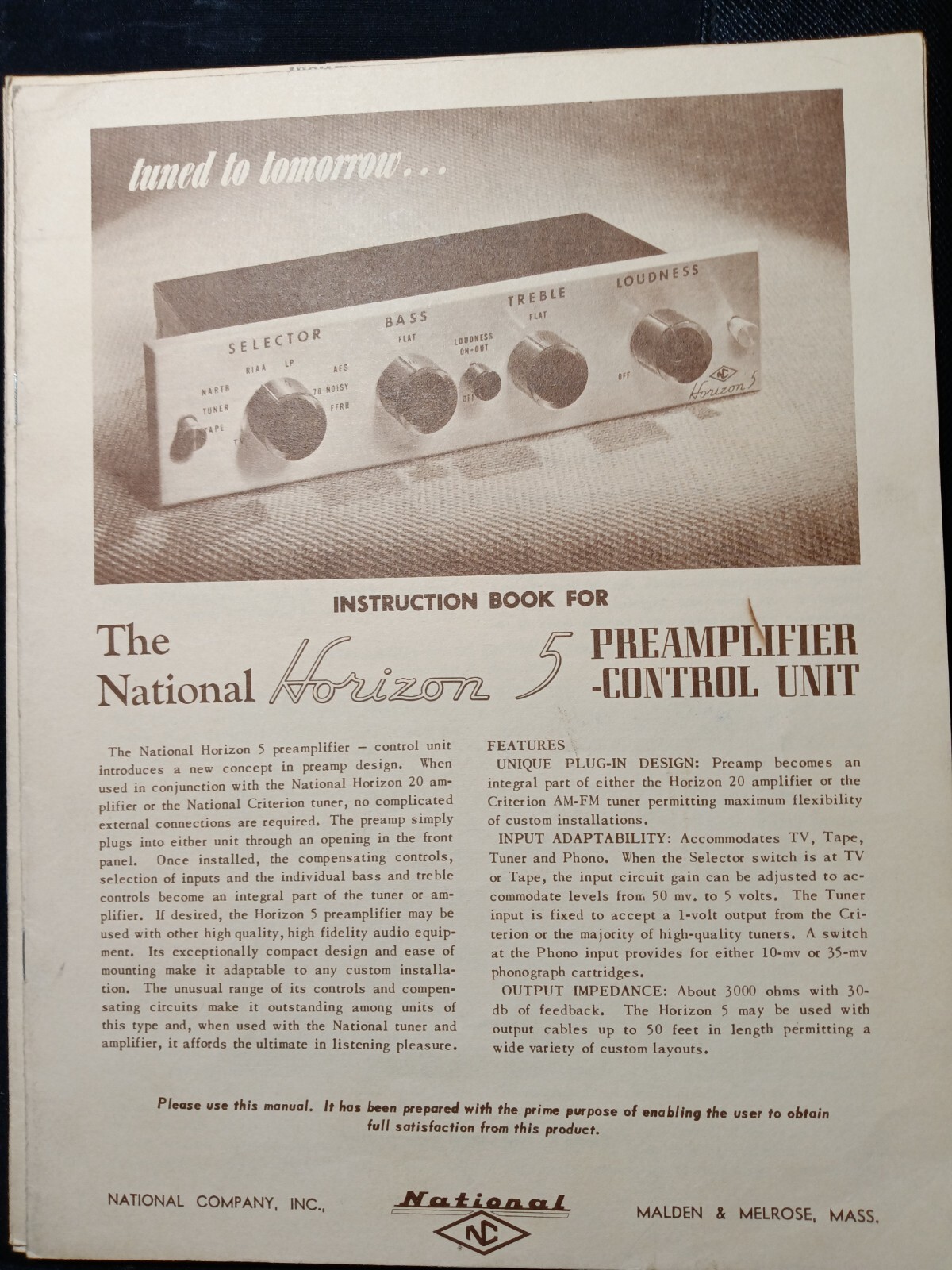 National Horizon 5  Preamplifier Service Manual Original