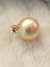 Perfect round AAA huge 16mm gold south sea shell pearl pendant 14K 