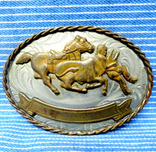 Steer Wrestling Cowboy Belt Buckle Trophy Rodeo Nickel Silver Vintage 80s.BMW837
