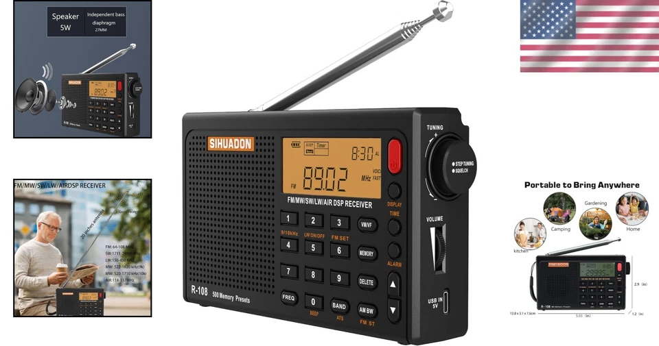 Portable Shortwave Radio AM FM SW LW Airband DSP Battery USB Headphone - Image 2 of 4