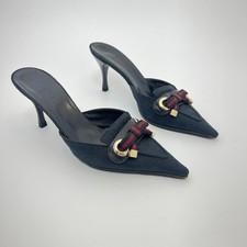 Gucci | Auth Black Leather Canvas Pointed Toe Ribbon Gold Hardware Mules (35.5)