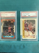 1986-87 Fleer Michael Jordan #57 (RC) and Sticker Rookie Card both PSA Graded. rookie card picture