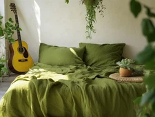 Olive green Linen flat sheet in king queen twin and other sizes Whit 3 Piec Set.