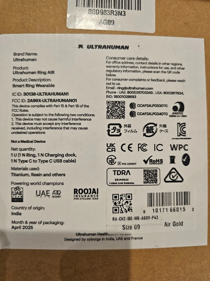 ***BRAND NEW*** Ultrahuman Air GOLD SMART RING - SIZE 9 - SEALED - Image 3 of 4