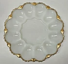 Vintage Anchor Hocking Fire-King Milk Glass Deviled Egg Plate Gold Trim 10” MCM