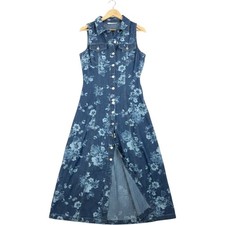 Given Kale Denim Maxi Dress sz M Blue Floral Button Front Boho western cowgirl