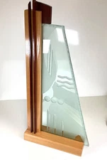 Stunning Art Deco Etched Art Glass & Wood Panel Abstract Geometric Sculpture 29”
