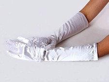 14" Long Luxurious White Bridal Satin Fingered Wedding Prom Gloves