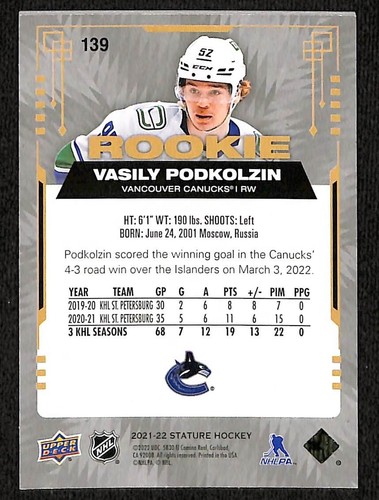 2021-22 Upper Deck Stature Vasily Podkolzin #139 Rookie RC Green /149 Canucks - Picture 2 of 2