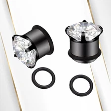 Black Ear Plugs 0 Ring Style with Prong Cubic Zirconia Surgical Steel- Sold Pair