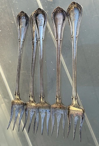 5 ANTIQUE STERLING SILVER OYSTER FORKS hallmark NORFOLK GORHAM 74Grams date 1903
