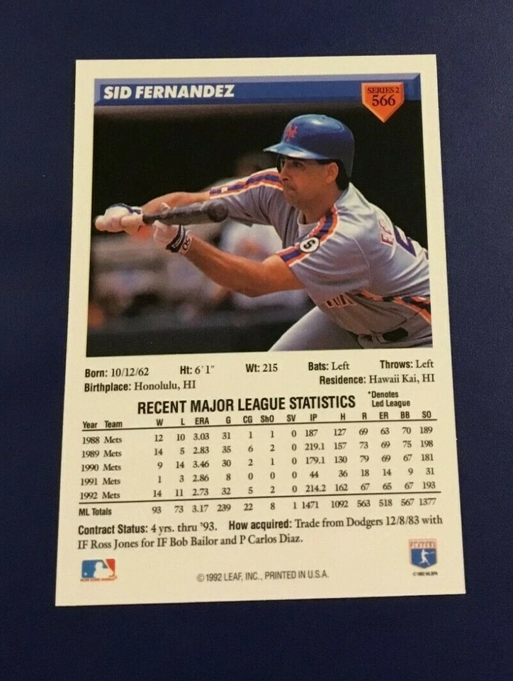 1993 Donruss # 566 SID FERNANDEZ New York Mets - Image 2 of 2