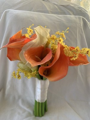 Bridal Prom Lily Bouquet Orange White Flowers Exotic Realistic Faux Rubber Soft