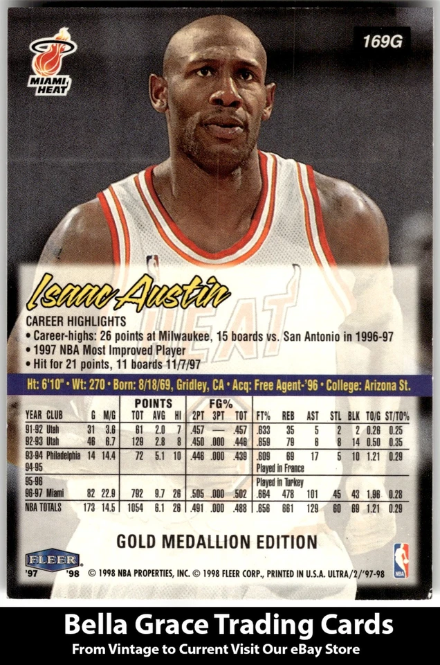 1997-98 Ultra Isaac Austin #169G Miami Heat Gold Medallion NBA Basketball - Image 2 of 2