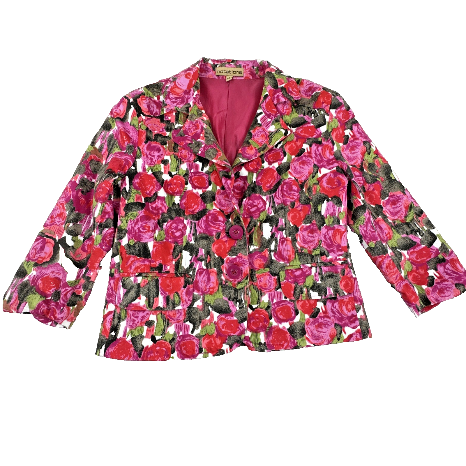 Notations Women's Floral Blazer Size S Pink Red Rose Print Long Sleeve Jacket