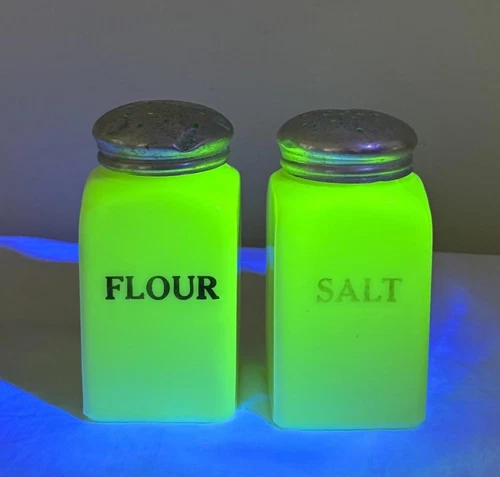 2 McKee Seville Yellow Vaseline Uranium Glass 5" Shakers Flour Salt w/ Decals