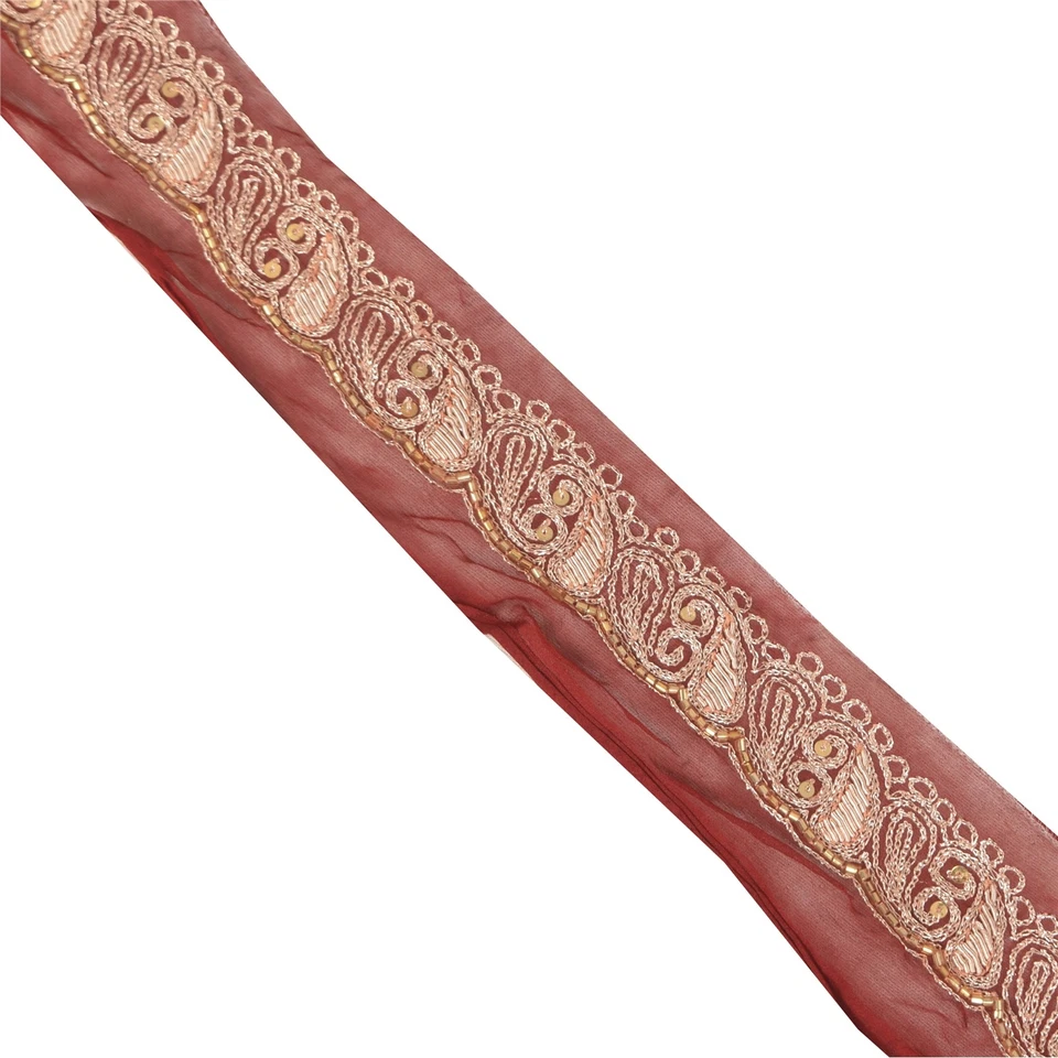 Sanskriti Vintage Sari Border Hand Beaded 1 Yd Trims Decor 1.5'W Ribbron Maroon - Image 2 of 4