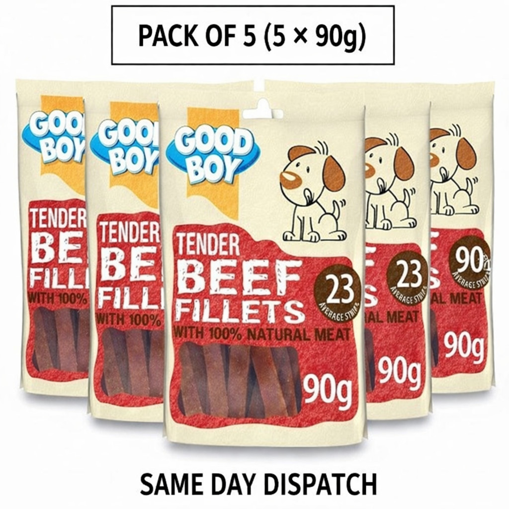 5 X 90G GOOD BOY CHEWY TENDER BEEF FILLETS STRIPS NATURAL MEAT DOG TREAT CHEWS