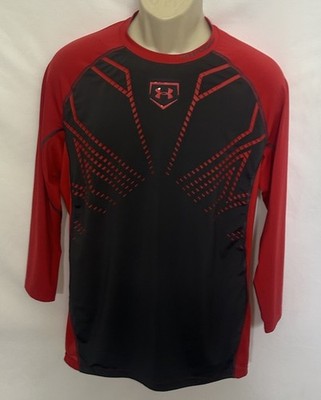 Under Armour Mens Shirt Gray/Red 3/4 Sleeve T-shirt Vented Size Medium