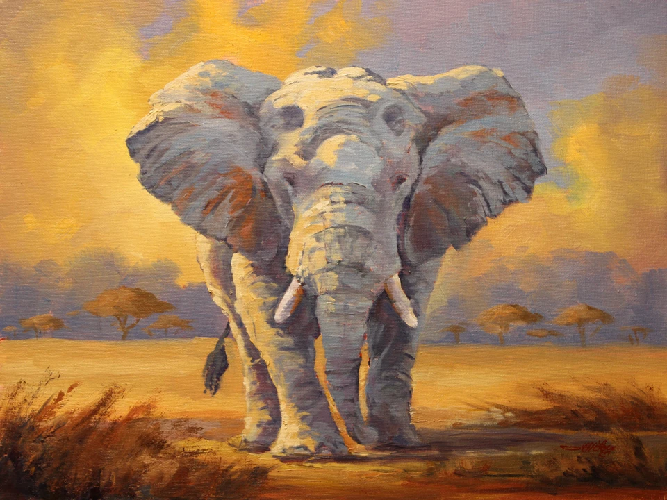 Arte Jeff Love Original Pintura al Óleo sobre Lienzo Elefante Africano Impresionismo NUEVO Foto 2 de 4