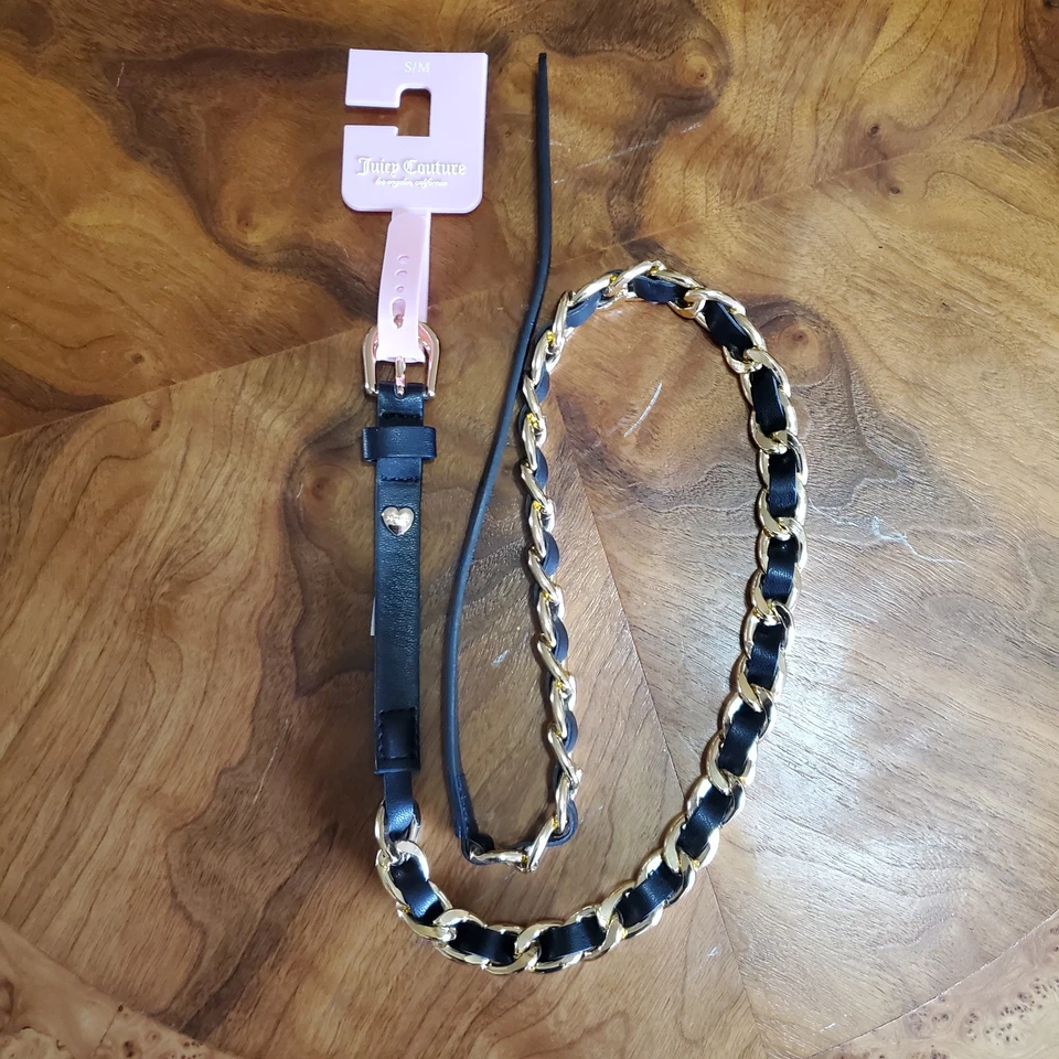 NUEVO CON ETIQUETAS Mujer Juicy Couture Cinturón Negro Oro Cadena Eslabón Corazón Ajustable S/M Foto 2 de 4