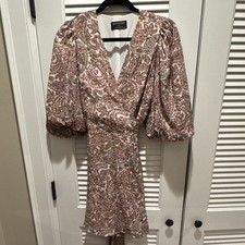 MINKPINK Paisley Wrap Mini Dress Pink/Brown V-Neck Belted Puff 3/4 M