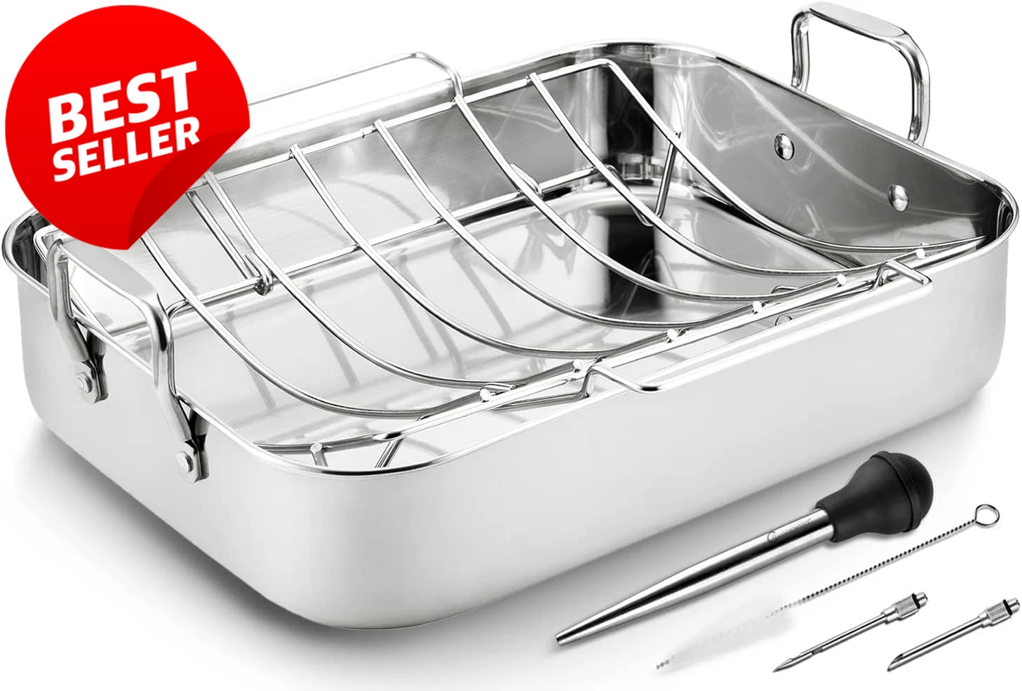 16.5 Inch Stainless Steel Roasting Pan with Rack & Baster for Turkey - US