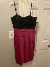 JS Collections Womens Dress Black Pink Satin Tiered Sheath Cocktail 8