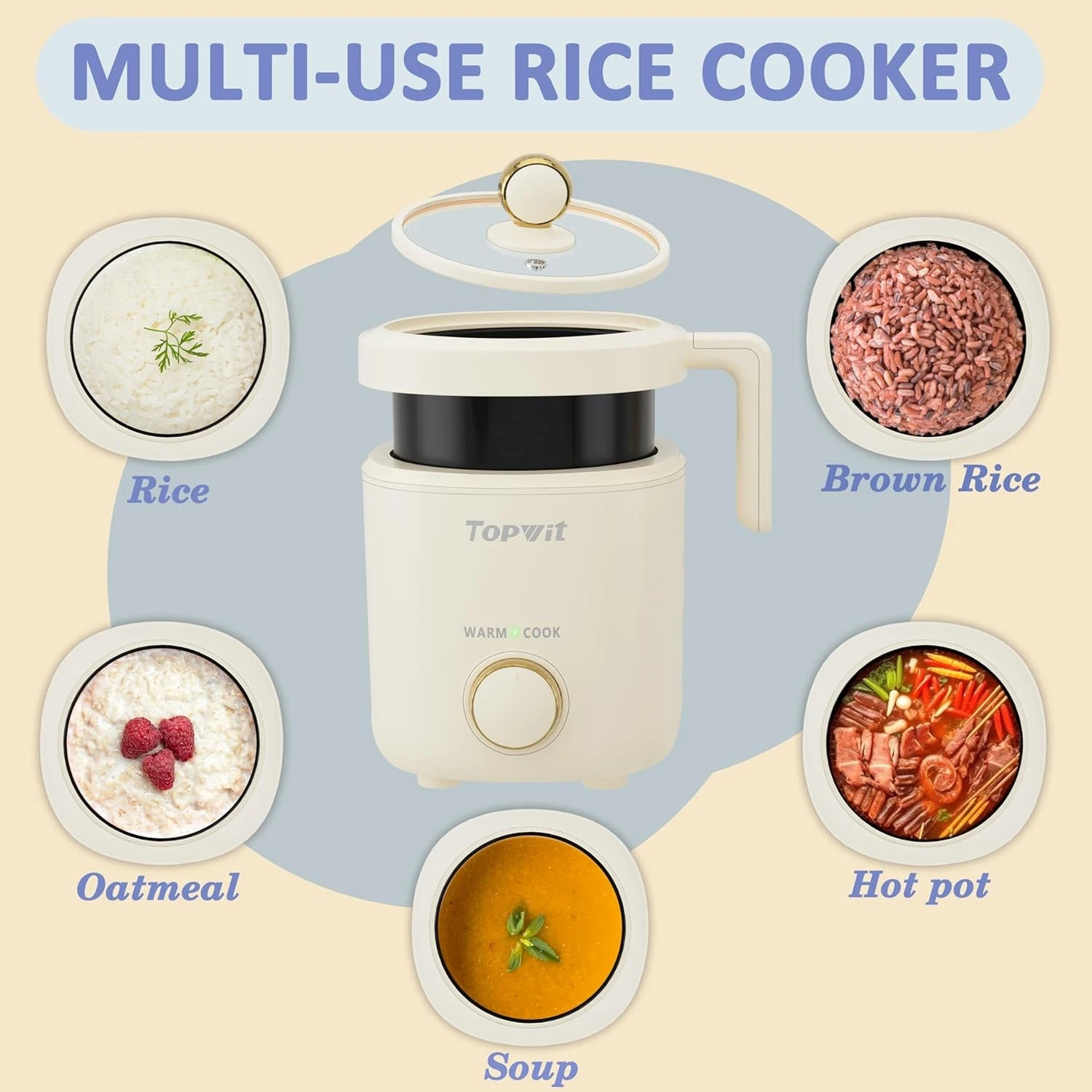 Rice Cooker Small 2 Cups Uncooked 1.2L Portable Rice Maker Non-Stick Beige