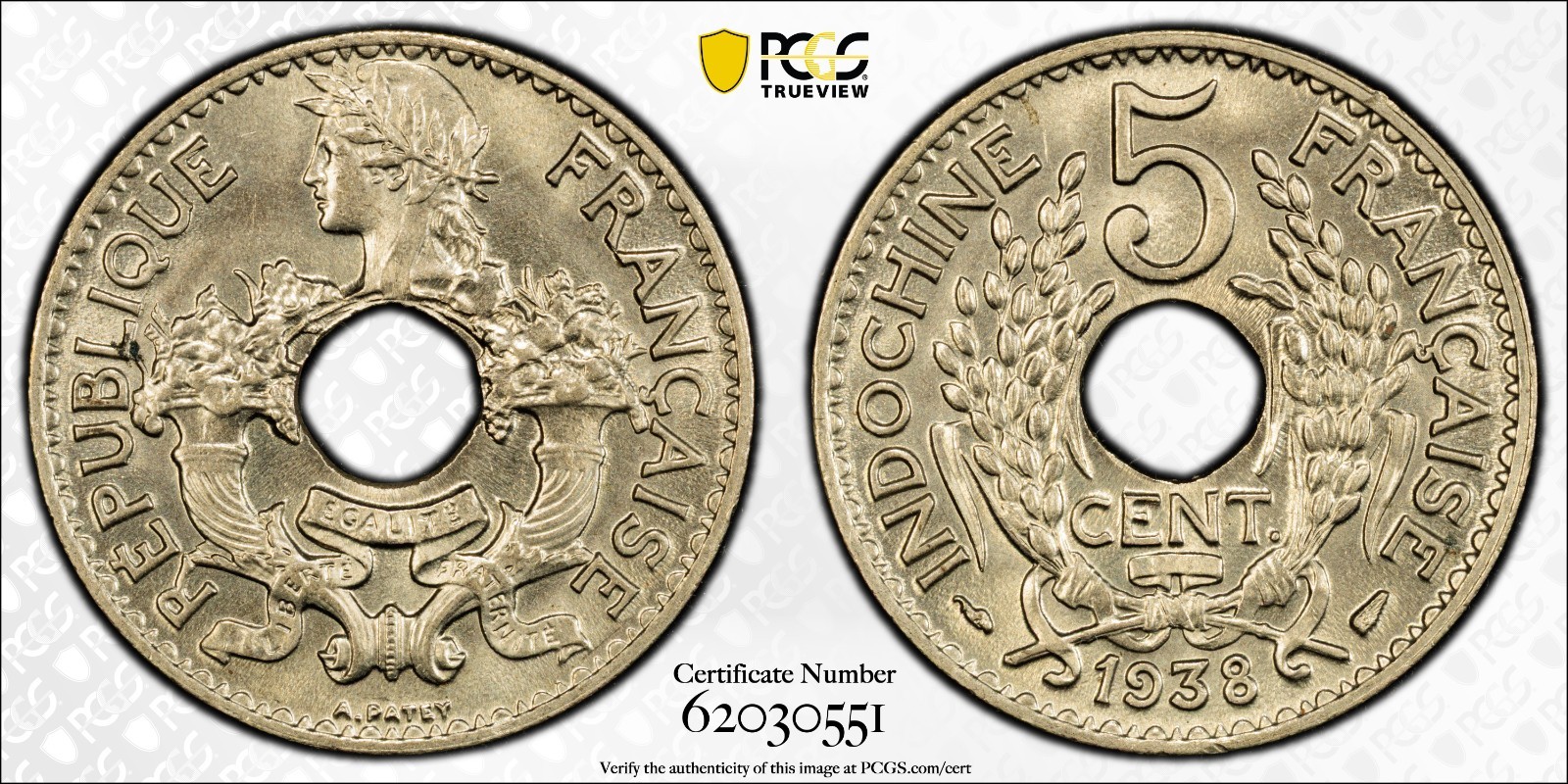French Indochina 5 Cents 1938 Copper-Nickel PCGS MS 67