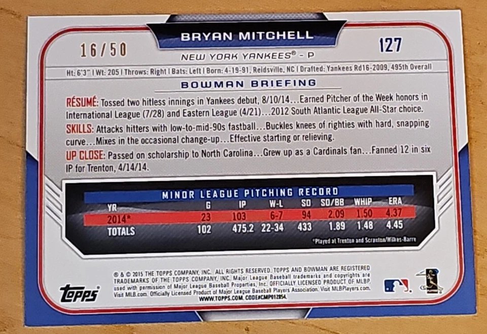 2015 Bowman Purple Ice /50 Bryan Mitchell #127 Rookie RC - Image 3 of 4