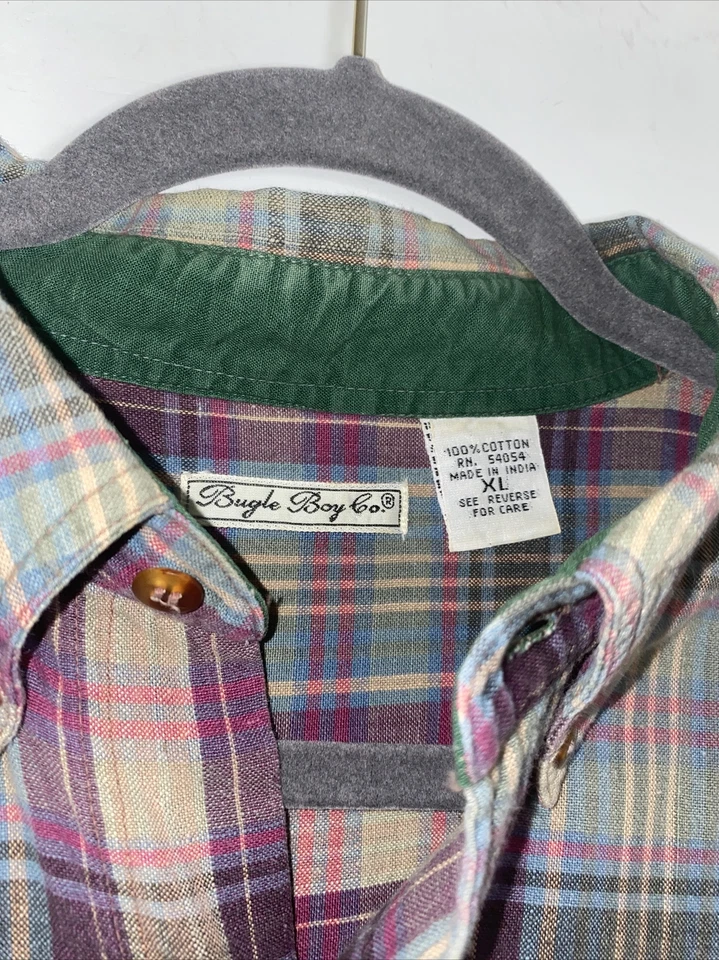 Vintage 90s Bugle Boy Plaid Pink Purple Button Up Shirt Men XL Short Sleeve - Image 3 of 4