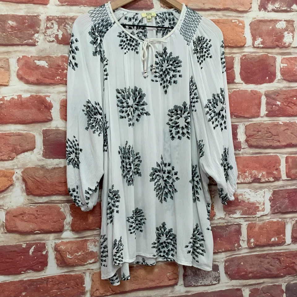Kori America Top Shirt Womens Large White Gray Black Floral Peasant Popover - Image 2 of 4