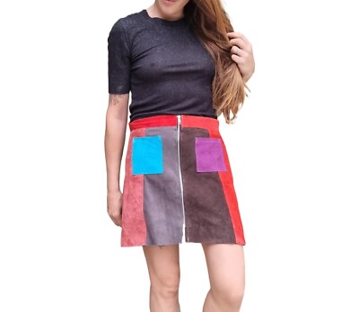 Vintage 1970s Patchwork Leather Mini Skirt Striped Suede Front