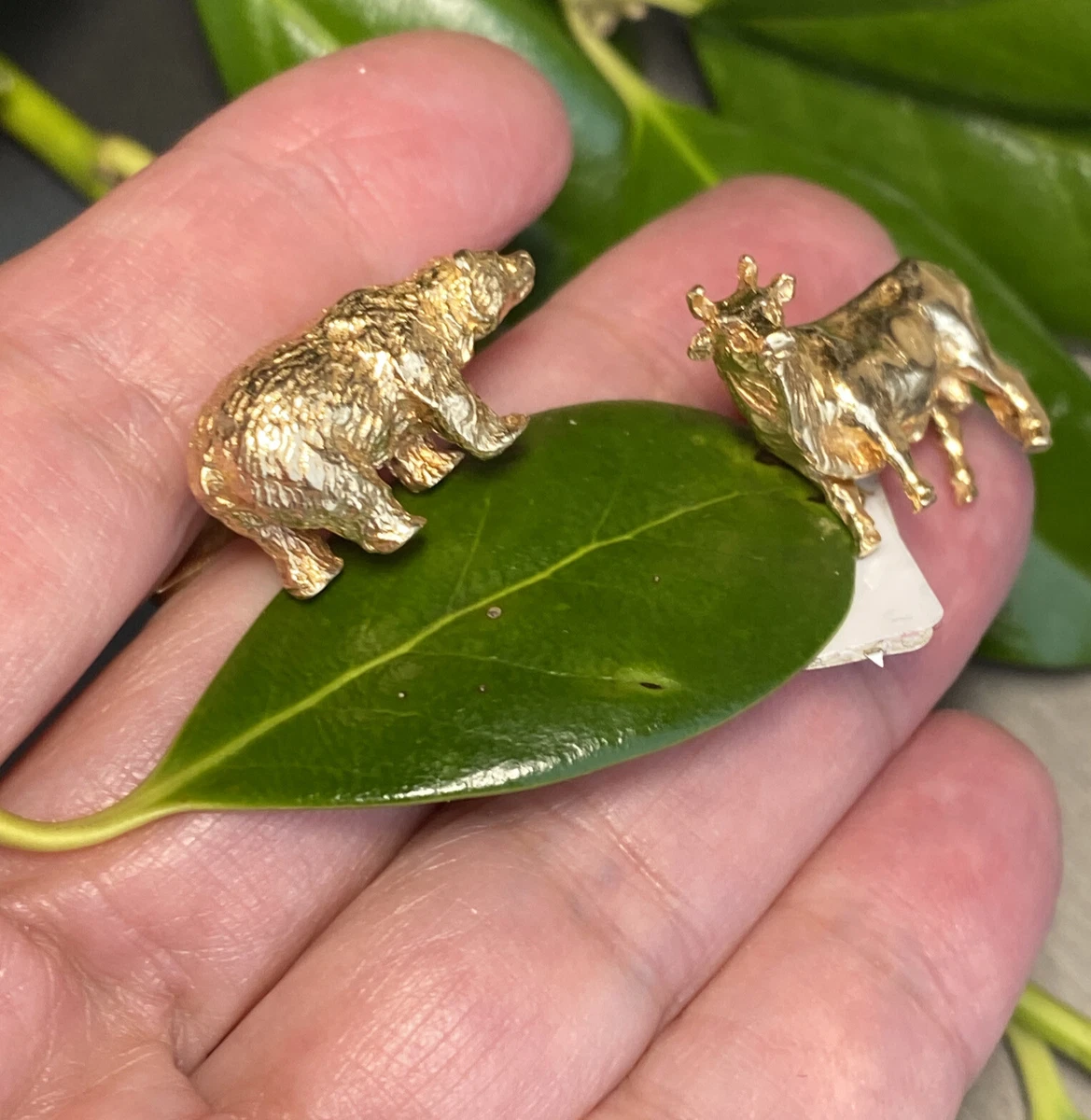 14K Yellow Gold Bull Bear Wall Street Stock Trader Finance Cufflinks Vintage
