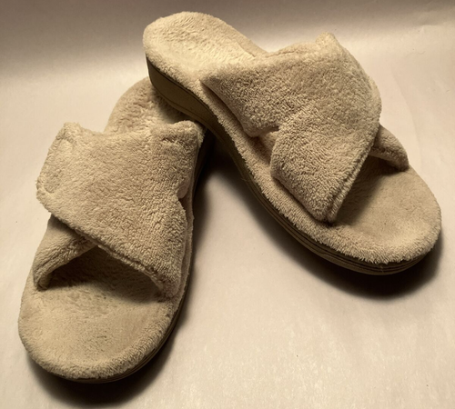 Vionic Relax Womens 10 Tan Faux Fur Supportive Insole Hook & Loop Slide Slippers
