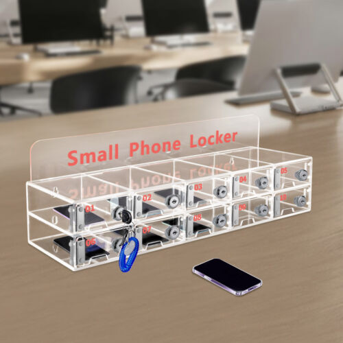 10 Slots Cell Phone Locker Box Transparent Cabinet Acrylic Storage Box W/Locks