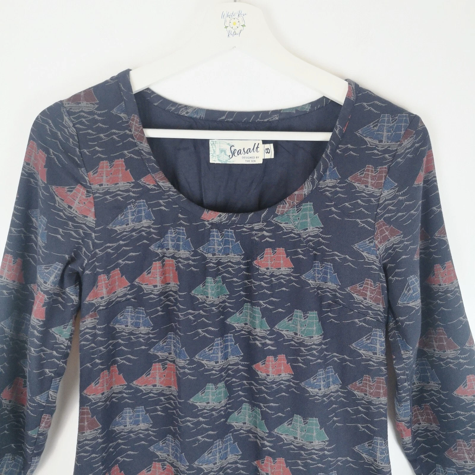 Abito San Valentino Seasalt blu UK 8 nave nautica barca stampa tunica Cornovaglia