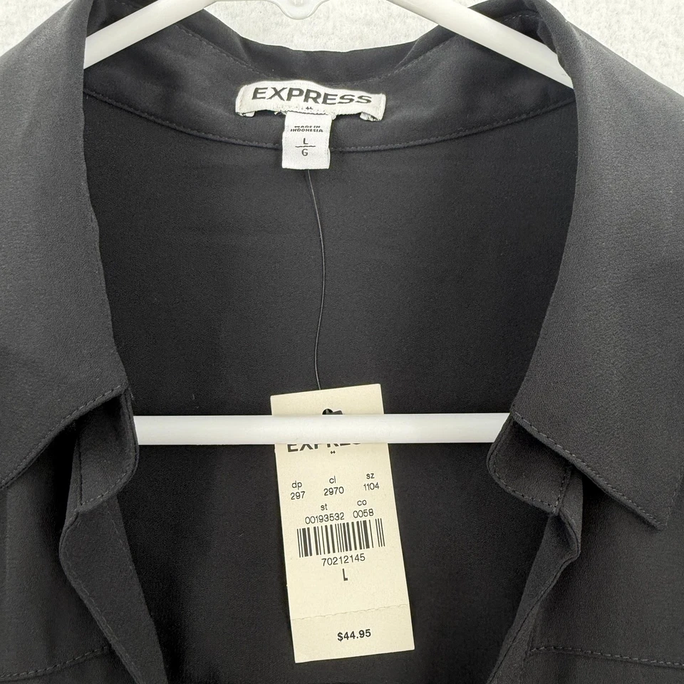 Camisa Express Mujer Grande Negra Botón Frontal Pestaña Enrollable Mangas Blusa Top Cuello en V Foto 3 de 4