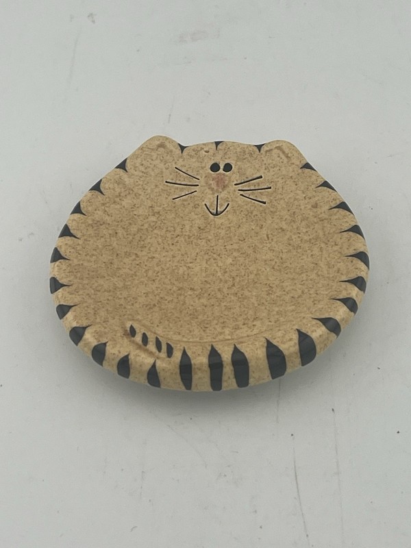 3” Round Art Pottery Cat Design Trinket/Tea Bag Rest Dish Handmade Hand Painted