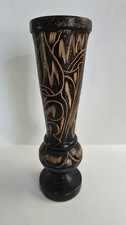Vintage Hand Carved Etched 11 'Tall Pedestal Vase in Dark Wood