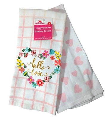 Hello Love Kitchen Towels Floral Heart Wreath Pink Cotton 2-Pc Holiday Gift NEW