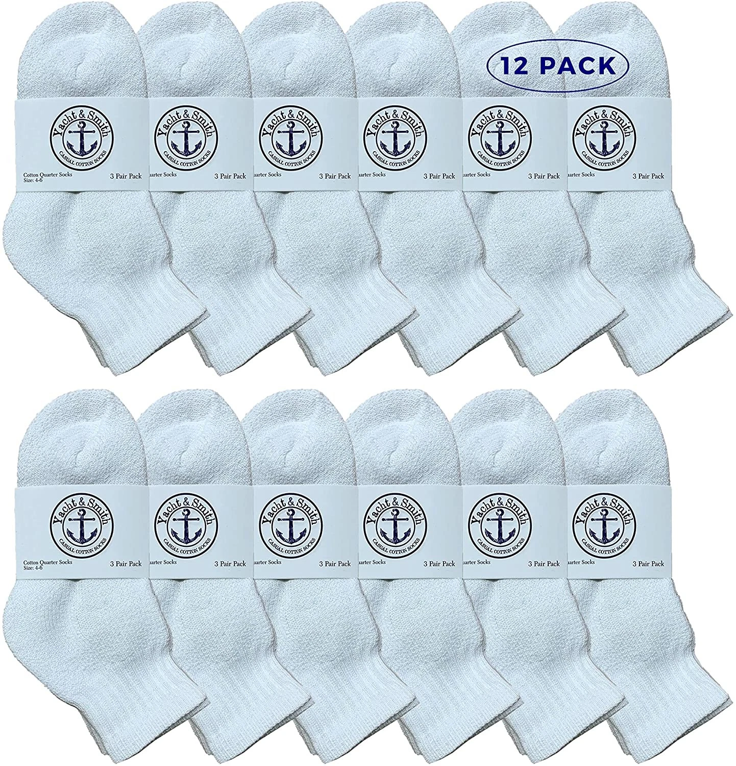12 Units of Kids Cotton Quarter Ankle Socks In White Size 4-6 - Boys