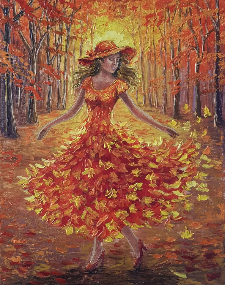 Pintura a óleo original outono mulher vestido vermelho paisagem lona outono impressionista - Imagem 2 de 4