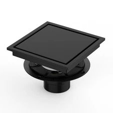 6" Square Matte Black Shower Drain with Tile-Insert Grate, Hair Strainer, and...
